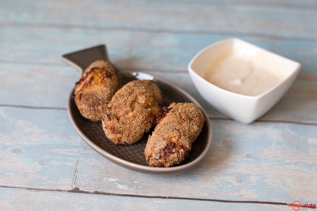 Suesskartoffel - Lachs - Kroketten mit Limtten - Curry - Dip