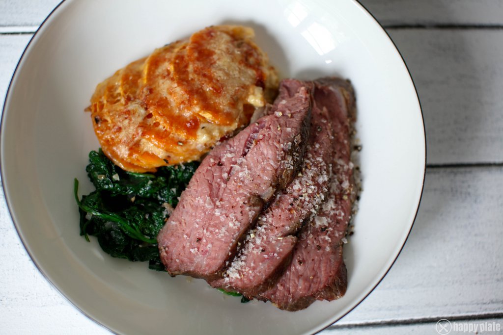 Buergermeisterstueck sous vide mit Spinat und Suesskartoffelgratin mit Peanut Butter